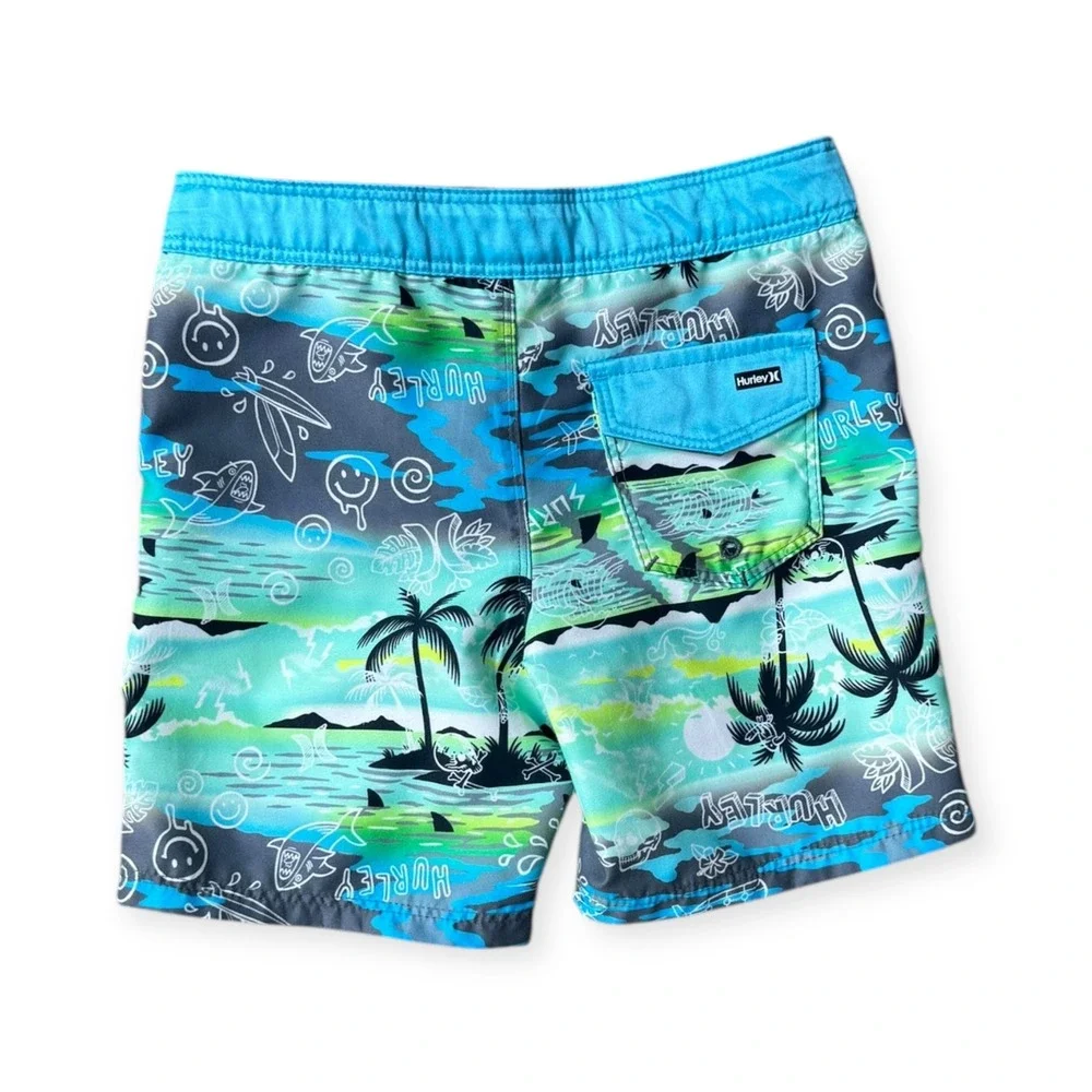 Hurley Boys Swim Trunks Size 4 Turquoise Blue Green Palm Tree Board Shorts